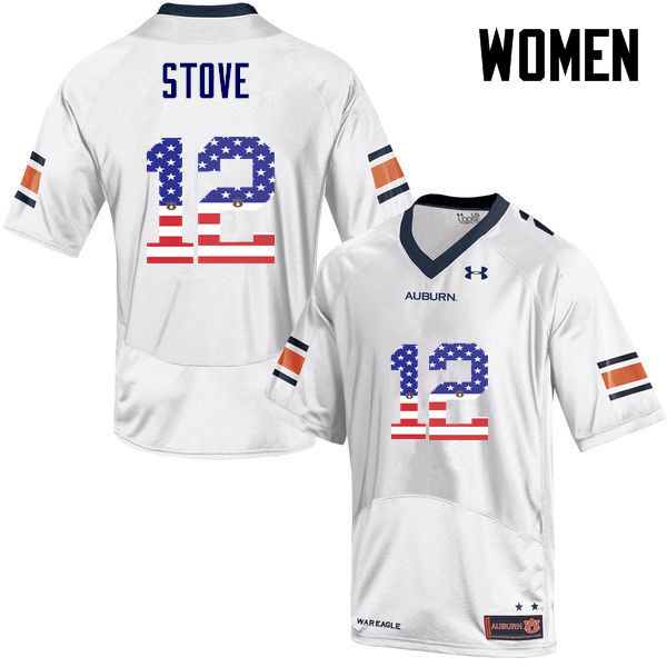 Women #12 Eli Stove Auburn Tigers USA Flag Fashion College Football Jerseys-White